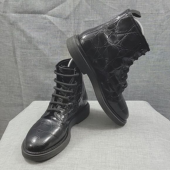 AGL Moreen Women's Black Croc Embossed Patent Leather Lace Up Boots Women's 39.5